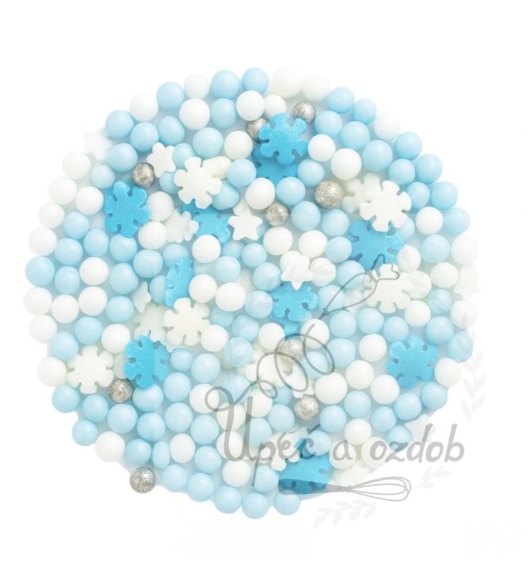 Cukrový mix vločky, kuličky a hvězdičky modro-bílý