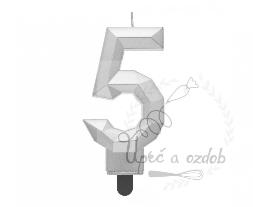 Svíčky diamant stříbrná metalíza - Číslice - cislice diamant stribra: 5