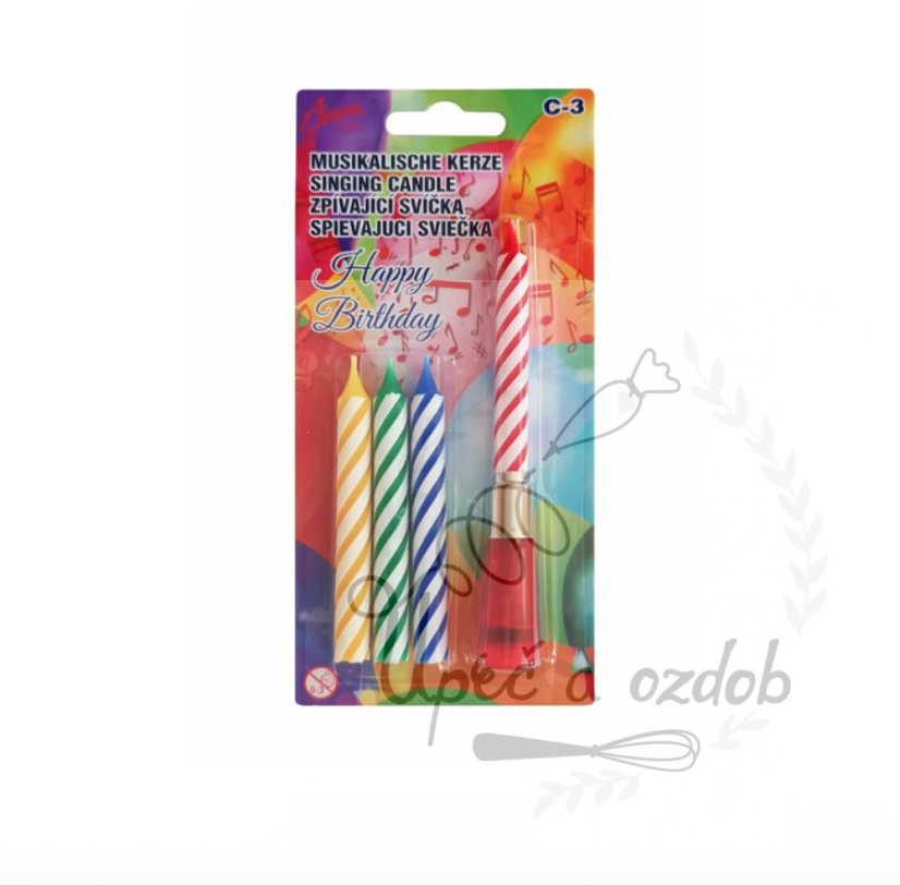 Hudební dortové svíčky Happy Birthday s vypínačem – sada 4 svíček + znovupoužitelný hudební modul